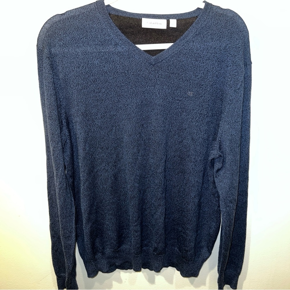 Calvin Klein Italian Merino Wool V Neck Mens Sz L Sweater Heather Blue Pullover